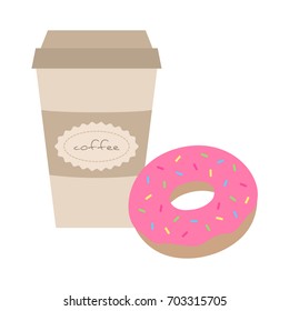 Coffee to go with donut vector illustration. Coffee to go cup with doughnut with pink icing and colorful sprinkles. Isolated on white background.