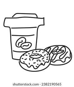 coffee to go and donuts. coloring book with black linear outline. vector icon for website, application, website and menu.