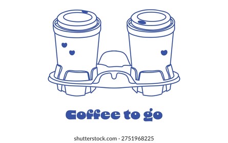 Coffee to go doodle one line illustration. Cute two cups of coffee. Cappuccino, latte