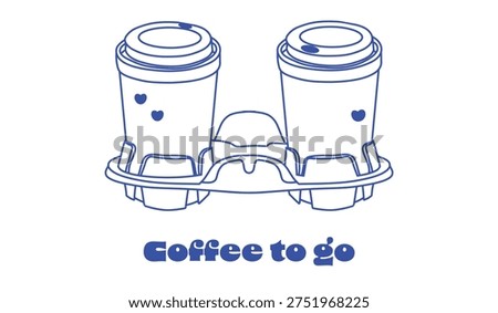 Coffee to go doodle one line illustration. Cute two cups of coffee. Cappuccino, latte