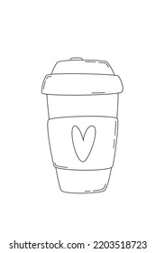 Coffee to go in doodle style. Takeaway cup of coffee with love. Vector icon, flat cartoon illustration, clipart.