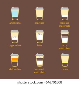 Coffee To Go Drinks Recipe Composition of Beverage Set Flat Design Style for Cafe Menu on a Brown Background. Vector illustration