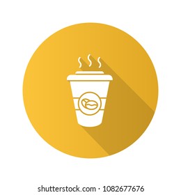 Coffee to go flat design long shadow glyph icon. Disposable coffee cup with lid. Vector silhouette illustration