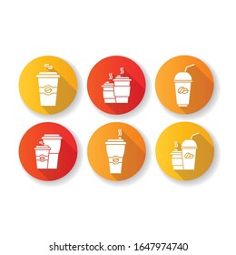 Coffee to go flat design long shadow glyph icons set. Disposable plastic cups with caffeine drinks. Take out cold and hot beverages. Latte, cappuccino mugs. Silhouette RGB color illustrations