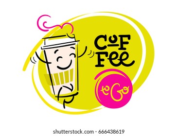 Coffee To Go. Funny and Colorful Hand Drawn Illustration. Paper Coffee Cup Character is Running. Cartoon Style. Flat Graphic for Logo for Coffee Shop or Cafe Menu. 