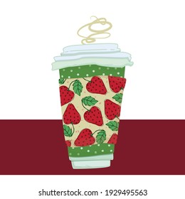 A coffee to go - green cup with dots and strawberry.  Vector illustration. Hand drawn style