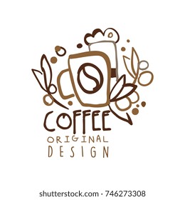 Coffee to go hand drawn original logo design with paper cup