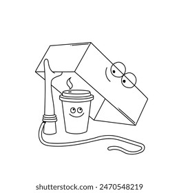 Coffee to go. How to trap me. Vintage poster, black and white, line art groovy character. Mascot.