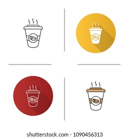 Coffee to go icon. Disposable coffee cup with lid. Flat design, linear and color styles. Isolated vector illustrations
