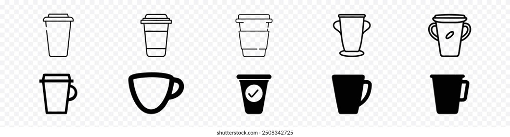 Coffee to go Icon Set. Nehmen Sie Kaffeetasse, Tassensymbol mit. Symbolsatz für Kaffeetasse. Tasse ein Kaffee-Icon Vektor.