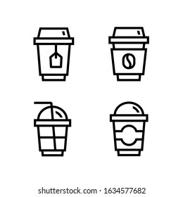 Coffee to go icons. Outline set of paper and plastic cups, for a coffee shop. Drinks on the go, cappuccino, latte, americano and tea, vector icons isolated on white background, cup with a straw.