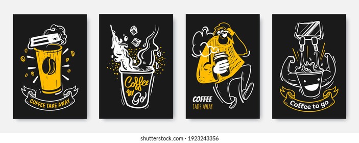 Coffee to go illustration collection in hand drawn style. Coffee take away creative posters design. White, black and yellow colours. Ideal for print, wall decoration, cafe, flyer, menu, promo.