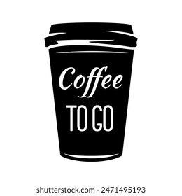 Café para ir ilustración. Icono de Vector negro de taza de café. Diseño de letras de emblema de bebida caliente. Anuncio creativo de la publicidad del desayuno de la mañana. Espresso y capuchino símbolo de bebida para cafés aislados.