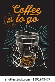 Café para ilustrarlo para el restaurante con fondo vintage. Cartel dibujado a mano vectorial para café y coche de bebidas. Diseño con letras y elementos gráficos de doodle.