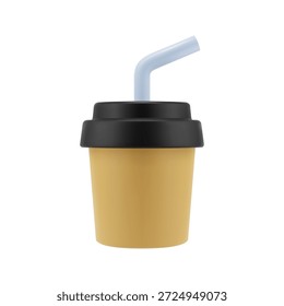 Coffee to go, isolated paper cup with straw and lid. Vector in 3d style, americano drink or cappuccino, mug with copy space for restaurant or cafe shop logo. Container cup for tea beverage