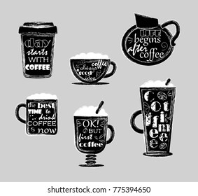 coffee to go. latte, cappuccino and espresso. black and white illustration