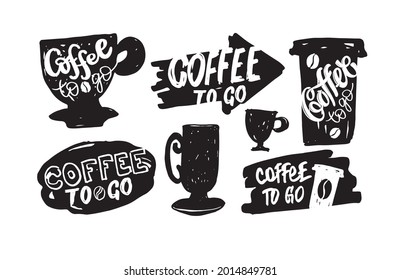 Kaffee zum Mitnehmen. Kaffeemaschine, handgezeichnetes, doodles Briefing-Poster. Briefing Poster, Banner, T-Shirt Poster. Kunstschrift auf Briefing.