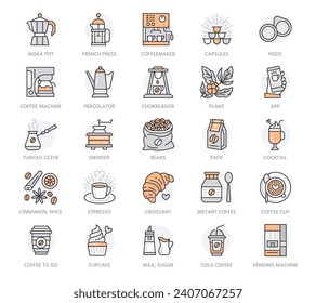 Coffee to go line icon set. Croissant, cupcake, coffeemaker, french press, espresso, turkish, cocktail minimal vector illustration. Simple outline sign for cafe. Orange Color. Editable Stroke