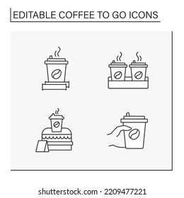 Coffee to go line icons set. Buying fragrant morning coffee. Ordering and delivery. Coffee to go concept. Isolated vector illustrations. Editable stroke