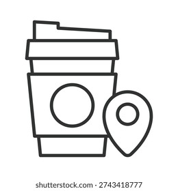 Coffee to go location icon in line design. takeaway cup, coffee to go, cafe delivery, coffee pickup, barista order, coffee shop map, location pin. White background vector. Editable stroke icon