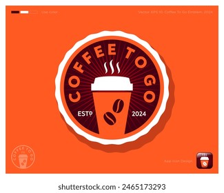 Coffee To Go logo. Coffee icon. Hot drink take away. Thermal mug with coffee with coffee beans and letters into circle.