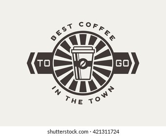 Coffee to go logo. Template in black and white colors for coffee shop or cafe. Logotype isolated on clean background. Vector concept badge.