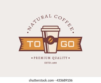Coffee to go logo. Template in retro style for coffee shop or cafe. Logotype isolated on clean background. Vector concept badge.