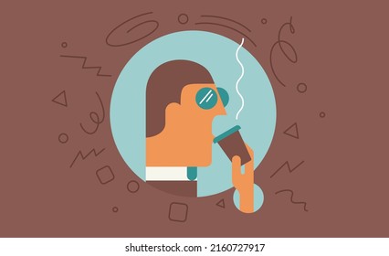 Coffee to go. The man is drinking coffee. Vector illustration. Simple, modern style. Background for cover, poster, animation.