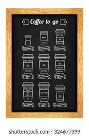 Coffee to go menu. Coffe types and recipe. White line icons on the chalkboard. Vector illustration