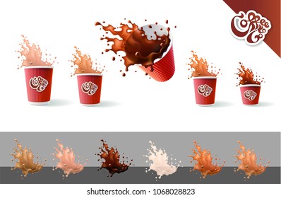 Coffee To Go. Coffee and Milk. Red Ripple Cups and Splashes Isolated on a White Background