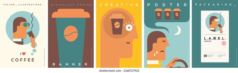 Coffee to go. Morning. Awakening. Don't sleep. Set of vector illustrations. Simple, modern style. Background for label. cover, poster, animation.