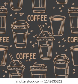 Coffee to go on dark background. Seamless pattern for textile prints, gift wrap or wallpaper.