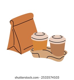 Coffee to go and a paper bag of breakfast. Takeaway fast food paper or cardboard containers, food delivery paper box, bag and plastic cup flat vector illustration. 