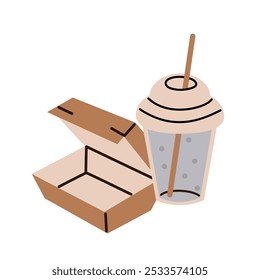 Coffee to go and a paper bag of breakfast. Takeaway fast food paper or cardboard containers, food delivery paper box, bag and plastic cup flat vector illustration. 