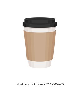 Coffee to go paper cup cartoon illustration. White take away coffee cup with brown sleeve and black cap. Isolated cartoon illustartion on white background

