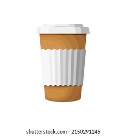 Café para ir a la ilustración plana de la taza de papel. Brown se lleva una taza de café con soporte blanco. Aislado 