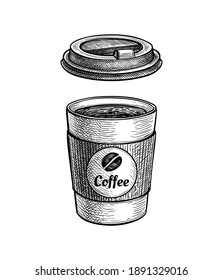 Coffee to go. Paper cup with lid. label with text and bean. Small size. Ink sketch isolated on white background. Hand drawn vector illustration. Retro style.