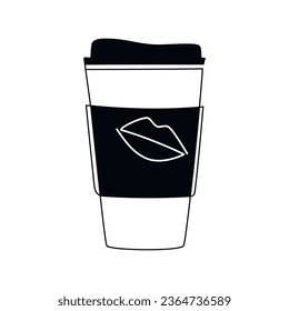 Coffee to go paper cup with lips kiss. Vector line continuous drawing. Take away drink hand drawn linear icon. Doodle illustration, design, cartoon print, banner, card, poster, brochure, logo.