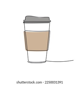 Coffee to go paper cup one line continuous drawing vector illustration. Hand drawn linear silhouette icon. Minimal design element for print, banner, card, wall art poster, brochure, postcard.