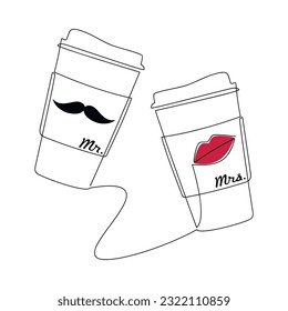 Coffee to go paper cup with red lips kiss and mustache. Vector line continuous drawing. Take away drink hand drawn icon. Minimal illustration, design, print, banner, card, poster, brochure, logo.