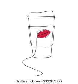 Coffee to go paper cup with red lips kiss. Vector line continuous drawing. Take away drink hand drawn linear icon. Minimal illustration, design, print, banner, card, wall art poster, brochure, logo.