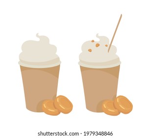 Coffee to go. A paper cup. Whipped foam. Caramel cappuccino. Outline vector illustration on a white background.