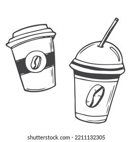 Coffee to go paper cups hand drawn vector illustration. Hot drinks take away concept