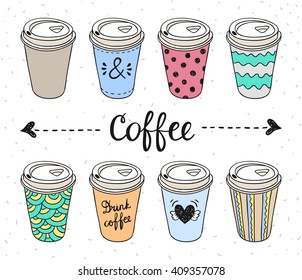 Coffee to go paper cups hand drawn vector illustration. Hot drinks take away concept