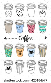 Coffee to go paper cups hand drawn vector illustration. Hot drinks coffee take away concept for cafe