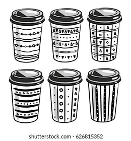 Coffee to go paper cups hand drawn vector illustration. Hot drinks take away concept