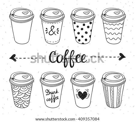 Coffee to go paper cups hand drawn vector illustration. Hot drinks take away concept