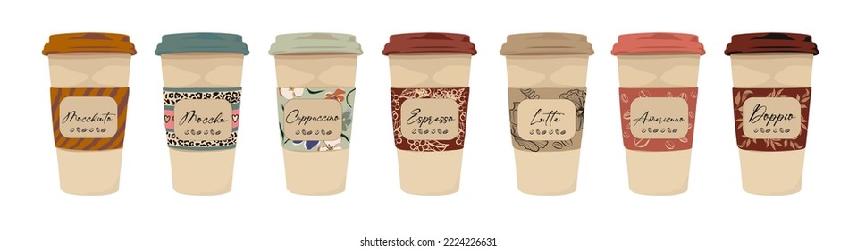 Coffee to go paper cups. Takeaway hot drinks in carton mugs with plastic lids. Take-away cappuccino, espresso, americano, latte, doppio, moccha. Flat vector illustration isolated on white background.