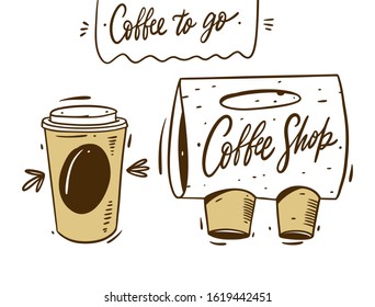 Coffee to go and portable packaging. Hand draw vector illustration. Cartoon style. Isolated on white background.