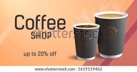 Coffee to Go Poster Concept with two realistic cofee paper cups illustrations and typography with discount